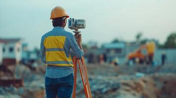 Construction Worker Using a Theodolite for Surveying photo