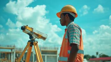 Construction Worker Using a Surveying Theodolite photo