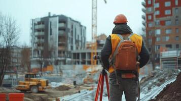 Construction Worker Using Surveying Equipment at a Construction Site photo