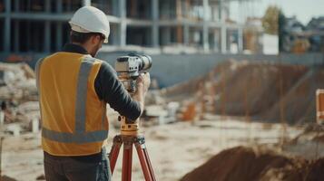 Construction Worker Using a Theodolite at a Building Site photo