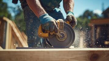 Close-up of a Construction Worker Using a Circular Saw on a Wooden Beam photo