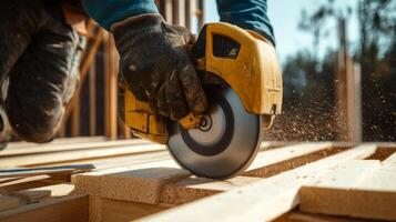 Close-up of a Circular Saw Cutting Wood photo