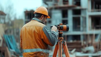 Construction Worker Using a Theodolite at a Building Site photo