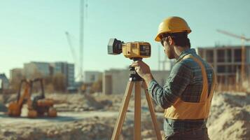 Construction Worker Using a Theodolite at a Construction Site photo