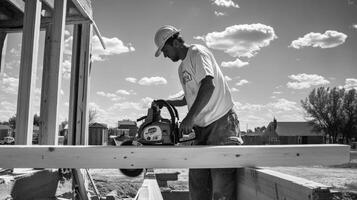 Construction Worker Using Circular Saw on Wooden Beam photo