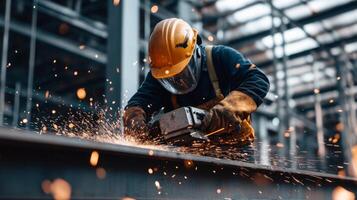 A Worker Wearing Safety Gear Operates a Grinding Tool, Sparks Fly photo