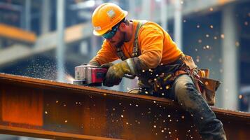 Construction Worker Grinding Metal Beam on High-Rise Building photo