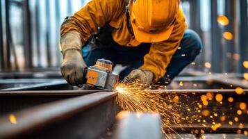 Construction Worker Grinding Metal with Sparks photo