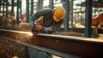 Construction Worker Using Grinder on Steel Beam photo