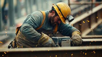 Construction Worker Grinding Metal with Sparks Flying photo