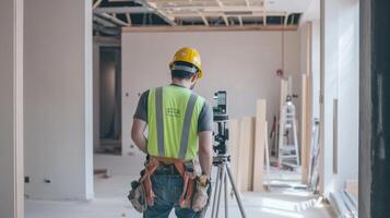 Construction Worker Using a Theodolite in an Unfinished Room photo