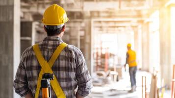 Construction worker in yellow hard hat and safety vest, standing in a partially built room. photo