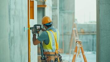 Construction Worker Using Laser Level on Concrete Wall photo