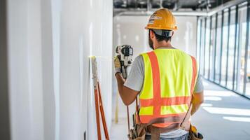 Construction Worker Using Laser Level on White Wall photo