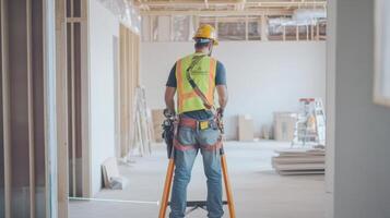 Construction Worker Using Laser Level in Unfinished Room photo