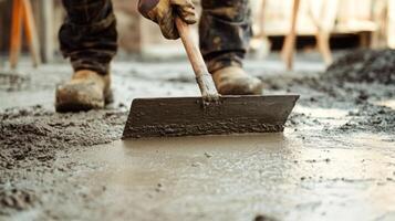 Worker Using Trowel to Smooth Wet Concrete photo