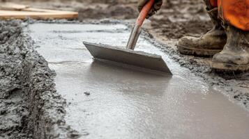Worker smoothing wet concrete with a trowel photo