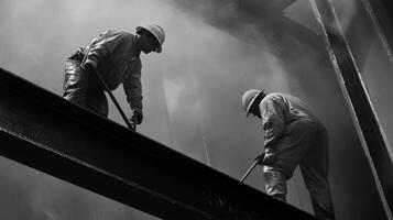 Two Construction Workers Working on Steel Beams in a Dusty Environment photo
