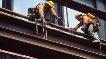 Two Construction Workers on a Steel Beam photo