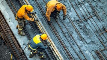 Construction Workers Leveling Fresh Concrete on a Reinforced Steel Grid photo