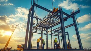 Construction Workers Assembling Steel Beams on a Building Frame photo
