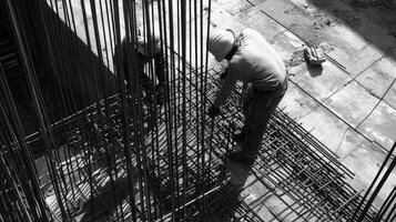 Construction worker securing rebar in concrete foundation photo
