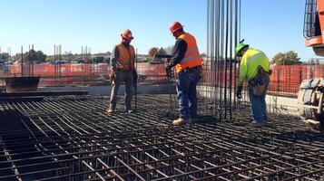 Construction Workers Inspecting Rebar Grid on a Building Site photo