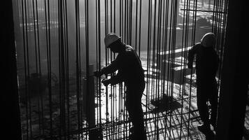 Silhouettes of Construction Workers in a Cage-like Structure photo