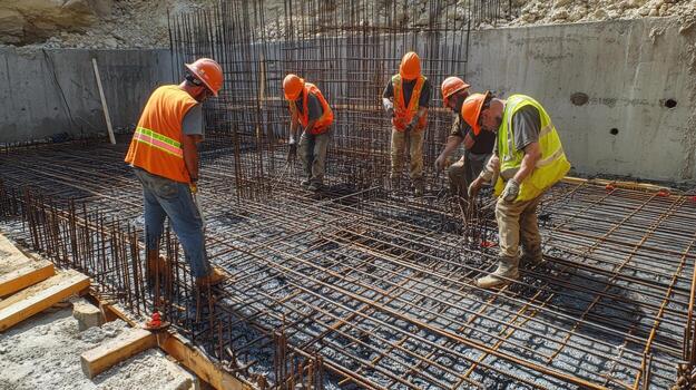 Construction Workers Assembling Rebar Grid on Concrete Foundation photo