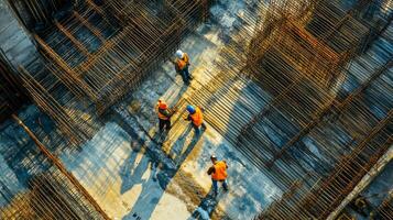 Construction Workers on a Concrete Foundation with Rebar Grids photo