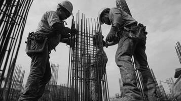Construction Workers Building a Structure with Rebar photo