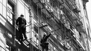 Two Construction Workers on Scaffolding During Building Restoration photo