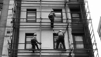 Three Construction Workers on Scaffolding Repairing Brick Building photo