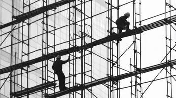 Two Construction Workers on Scaffolding Against a Blurred Building Background photo
