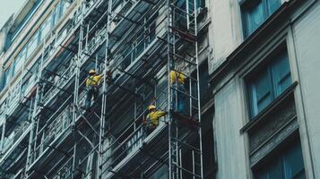 Construction Workers on Scaffolding at a High Rise Building photo