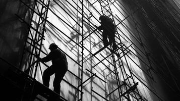 Silhouettes of Construction Workers on Scaffolding photo