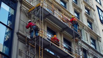 Construction Workers on Scaffolding Cleaning a Building Facade photo