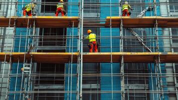 Construction Workers on Scaffolding Working on a Building Facade photo