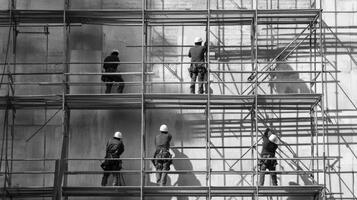 Construction Workers on Scaffolding Against a Wall photo