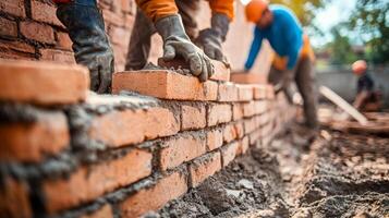 Construction Workers Laying Bricks on a Wall photo