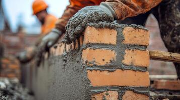 Construction Worker Applying Mortar to Brick Wall photo