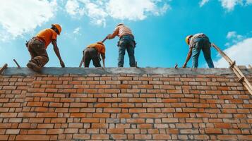 Construction Workers Building a Brick Wall photo