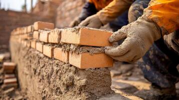 Close-up of a Construction Worker's Hands Laying Bricks in Mortar photo