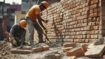 Construction Workers Building a Brick Wall in a Developing City photo