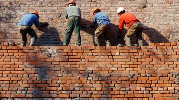Four Construction Workers Building a Brick Wall photo