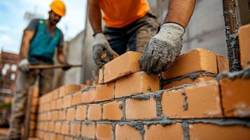 Construction Worker Laying Bricks with Mortar photo