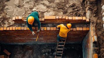 Two Construction Workers Building a Brick Wall photo