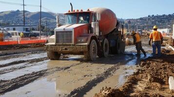 Concrete Mixer Truck Stuck in Mud at Construction Site photo