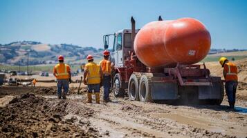 Construction Workers Standing Near Cement Mixer Truck in Mud photo