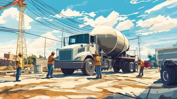 Construction Workers Beside a Cement Mixer Truck photo
